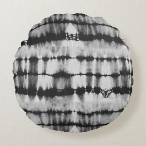 Black and white shibori tie dye stripes round pillow