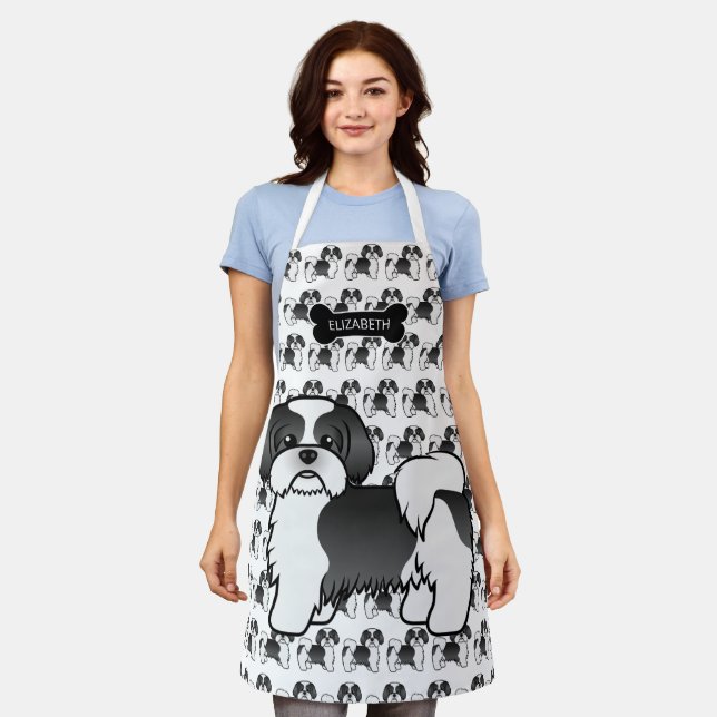 Black And White Shih Tzu Cartoon Dog & Name Apron (Worn)