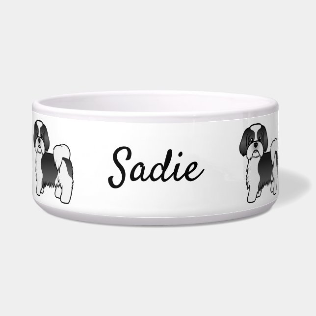 Black And White Shih Tzu Cartoon Dog & Name Bowl (Front)