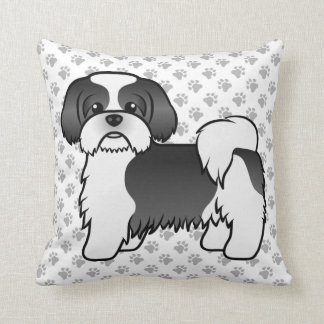 Black And White Shih Tzu Cartoon Dog &amp; Paws Throw Pillow