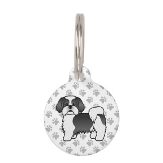 Black And White Shih Tzu Cartoon Dog &amp; Pet's Info Pet ID Tag