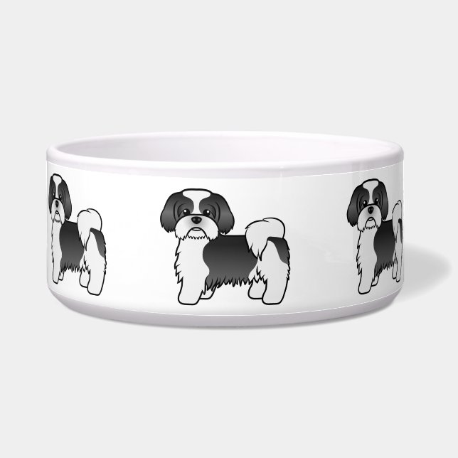 Black And White Shih Tzu Cute Cartoon Dog Bowl (Front)