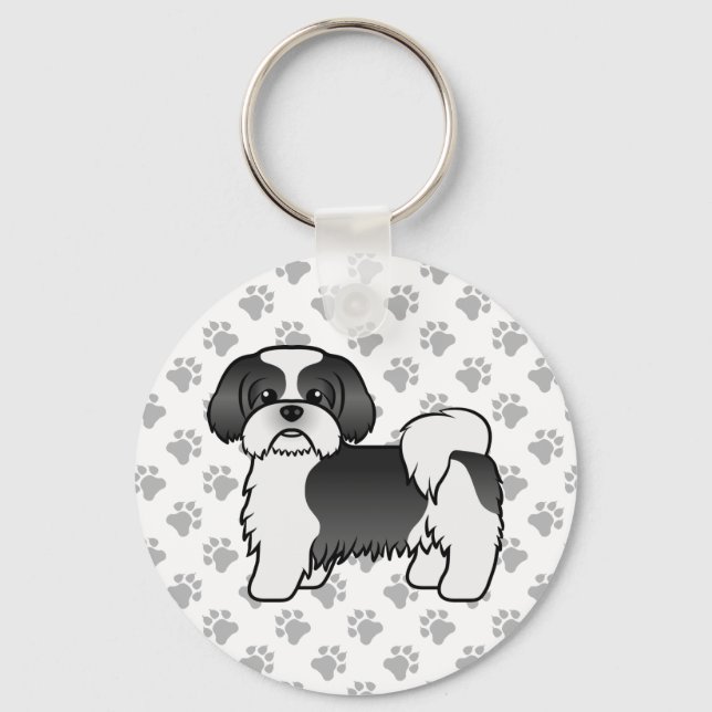 Black And White Shih Tzu Cute Cartoon Dog Keychain (Front)