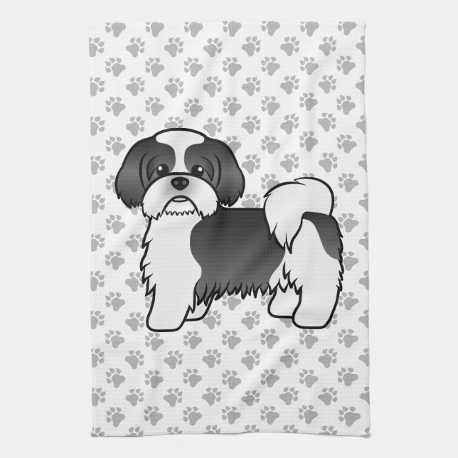 Black And White Shih Tzu Cute Cartoon Dog Kitchen Towel (Vertical)