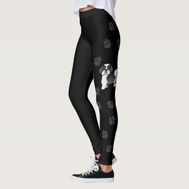 Black And White Shih Tzu Cute Cartoon Dog & Paws Leggings (Left)