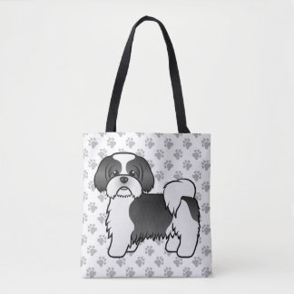 Black And White Shih Tzu Cute Cartoon Dog &amp; Paws Tote Bag