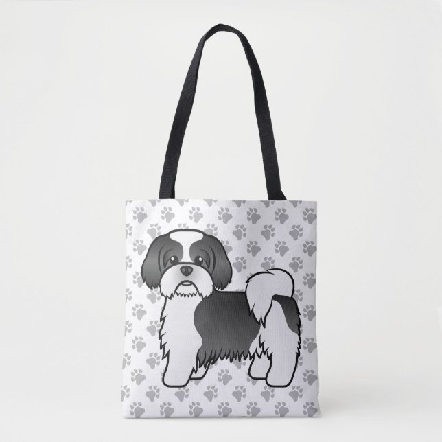 Black And White Shih Tzu Cute Cartoon Dog & Paws Tote Bag (Front)