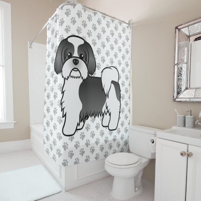 Black And White Shih Tzu Cute Cartoon Dog Shower Curtain (In Situ)