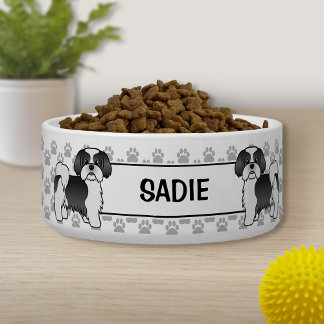 Black And White Shih Tzu Dog With Paws &amp; Name Bowl