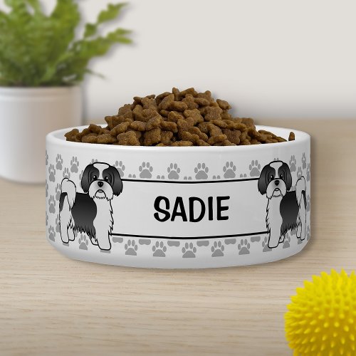 Black And White Shih Tzu Dog With Paws  Name Bowl