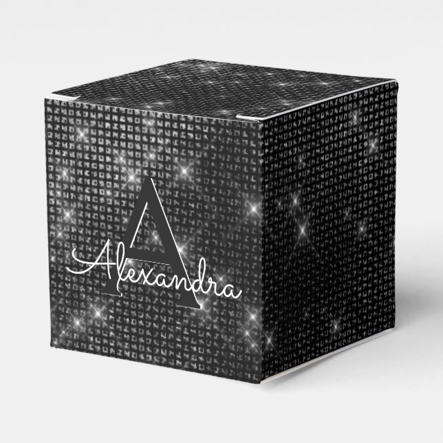 Black and White Shimmer Monogram - Add Your Name Favor Boxes (Front Side)