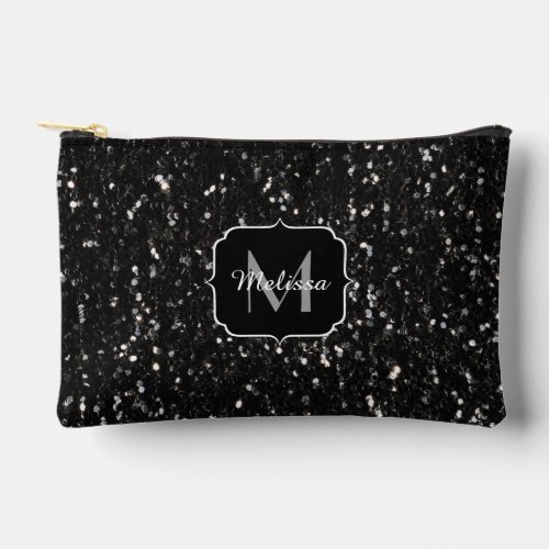 Black and white shiny glitter sparkles Monogram Accessory Pouch