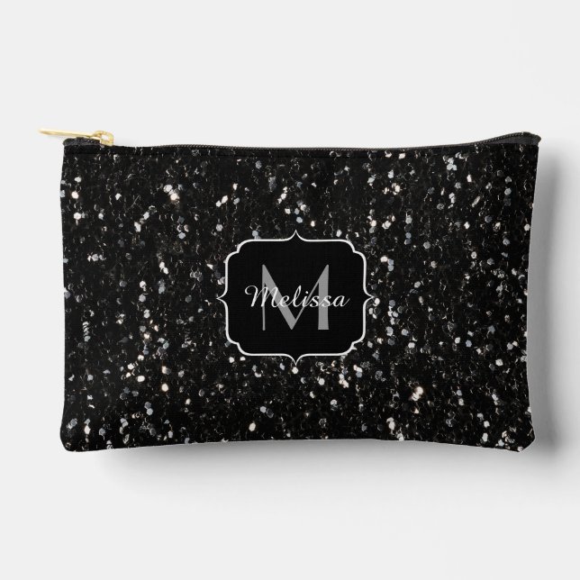 Black and white shiny glitter sparkles Monogram Accessory Pouch (Front)