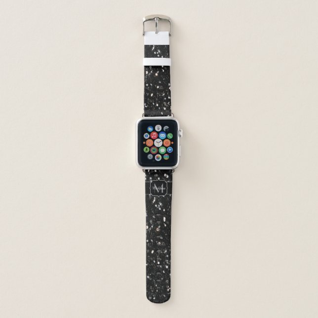Black and white shiny glitter sparkles Monogram Apple Watch Band (Front)