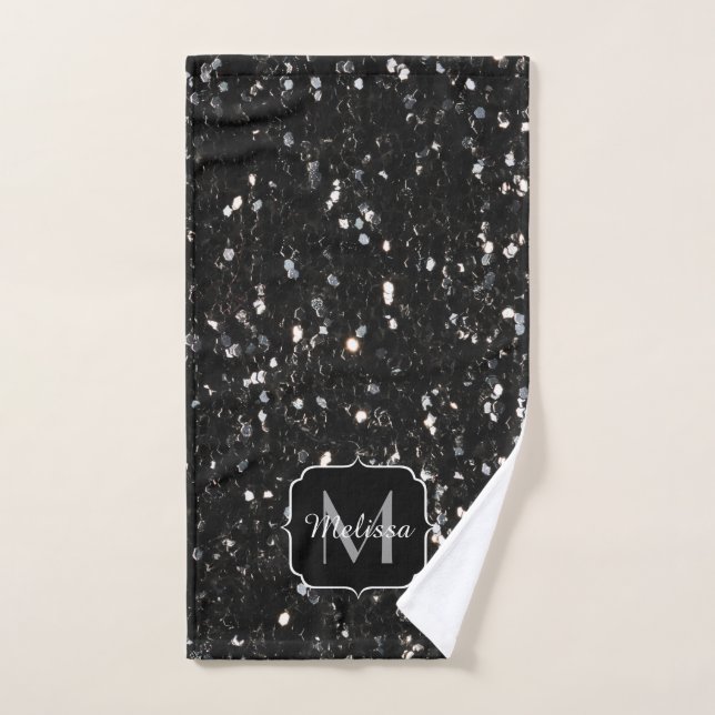 Black and white shiny glitter sparkles Monogram Bath Towel Set (Hand Towel)