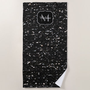 Black and white shiny glitter sparkles Monogram Beach Towel