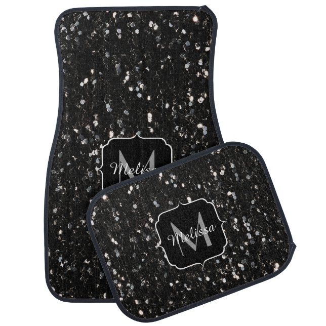 Black and white shiny glitter sparkles Monogram Car Mat (Set)