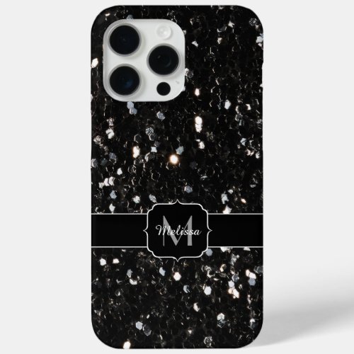 Black and white shiny glitter sparkles Monogram iPhone 15 Pro Max Case