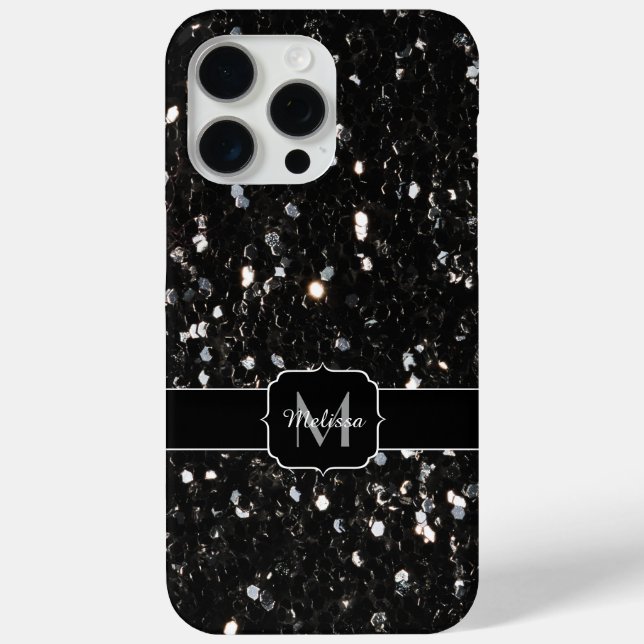 Black and white shiny glitter sparkles Monogram Case-Mate iPhone Case (Back)