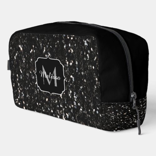 Black and white shiny glitter sparkles Monogram Dopp Kit