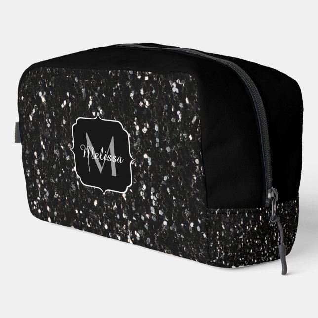 Black and white shiny glitter sparkles Monogram Dopp Kit (Right Corner)