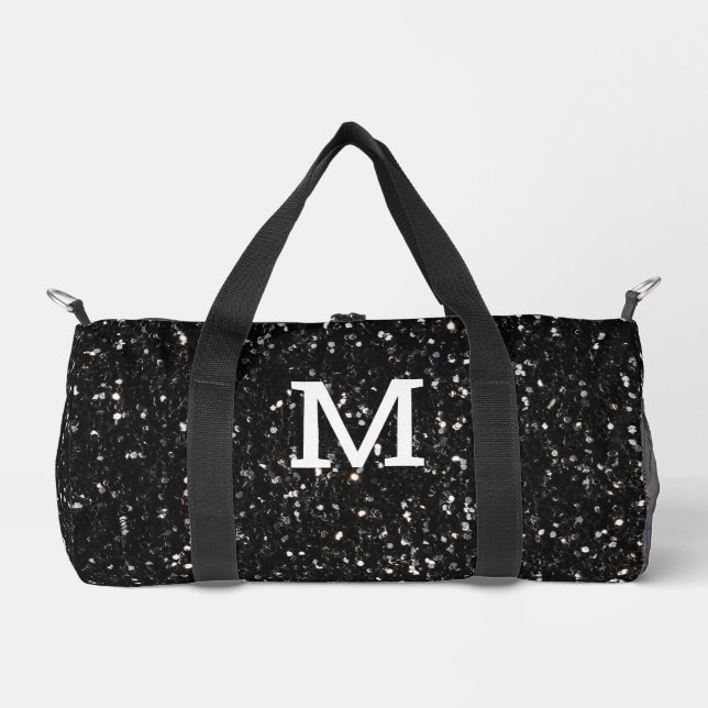 Black and white shiny glitter sparkles Monogram Duffle Bag (Front)