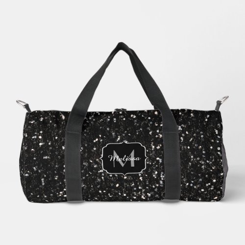 Black and white shiny glitter sparkles Monogram Duffle Bag