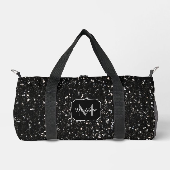 Black and white shiny glitter sparkles Monogram Duffle Bag (Front)
