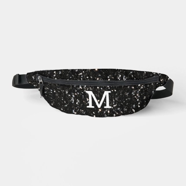 Black and white shiny glitter sparkles Monogram Fanny Pack (Front)