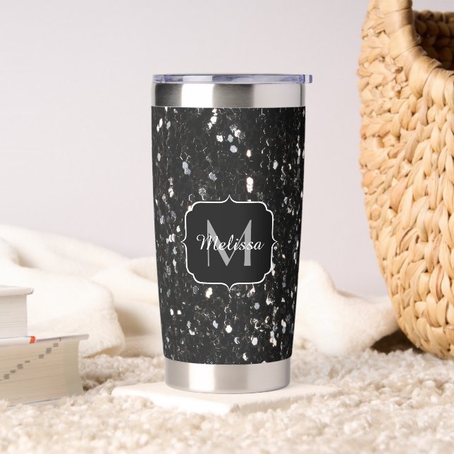 Black and white shiny glitter sparkles Monogram Insulated Tumbler (Living Room)