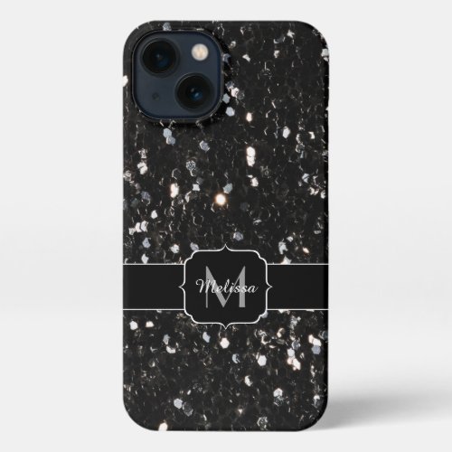 Black and white shiny glitter sparkles Monogram iPhone 13 Case