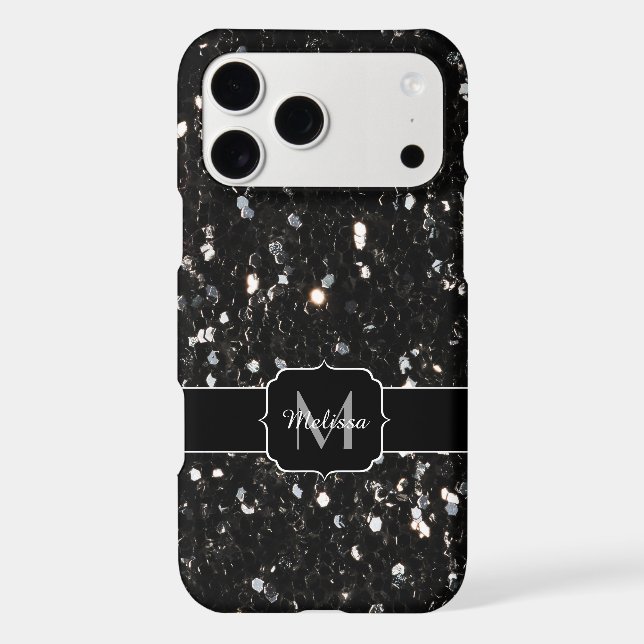 Black and white shiny glitter sparkles Monogram iPhone Case (Back)
