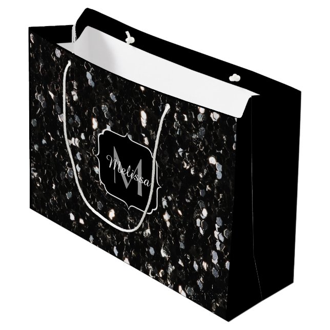 Black and white shiny glitter sparkles Monogram Large Gift Bag (Front Angled)