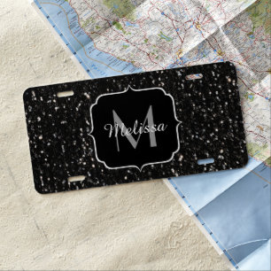 Black and white shiny glitter sparkles Monogram License Plate