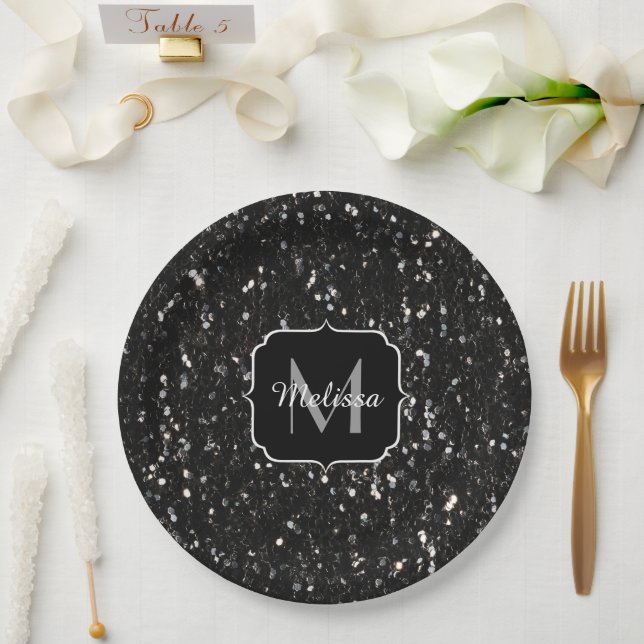 Black and white shiny glitter sparkles Monogram Paper Plates (Wedding)