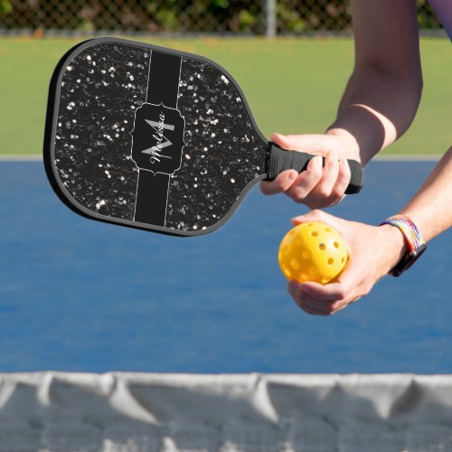 Black and white shiny glitter sparkles Monogram Pickleball Paddle