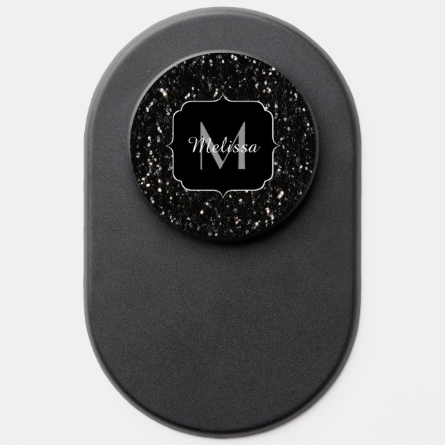 Black and white shiny glitter sparkles Monogram PopSocket (Popsocket)