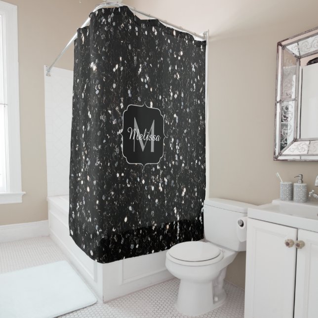 Black and white shiny glitter sparkles Monogram Shower Curtain (In Situ)
