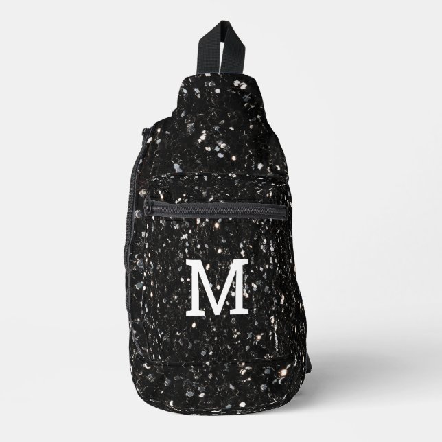 Black and white shiny glitter sparkles Monogram Sling Bag (Front)