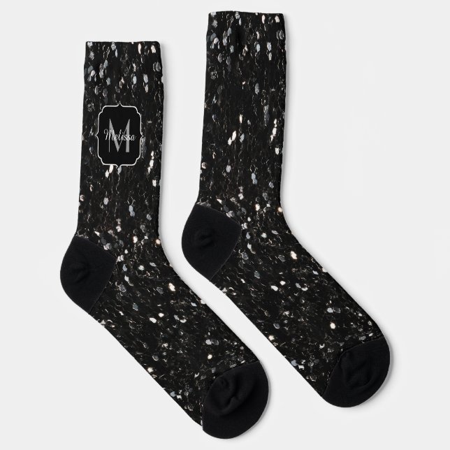 Black and white shiny glitter sparkles Monogram Socks (Right)