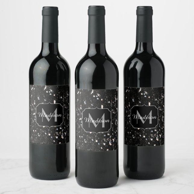 Black and white shiny glitter sparkles Monogram Wine Label (Bottles)