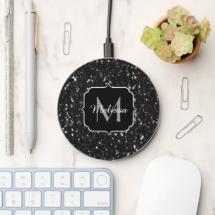 Black and white shiny glitter sparkles Monogram Wireless Charger