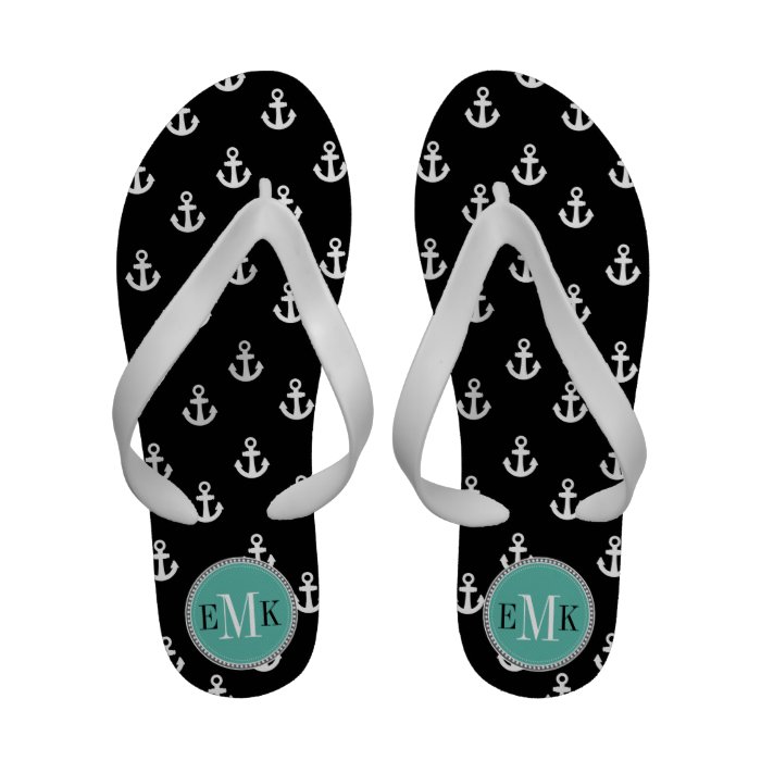 Black and White Ship Anchors Teal Monogram Flip Flops