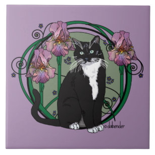 Black and White Short-Haired Cat with Irises Tile
