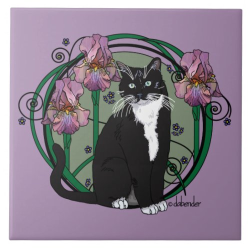 Black and White Short_Haired Cat with Irises Tile