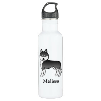 Black And White Siberian Husky Cartoon Dog &amp; Name Stainless Steel Water Bottle