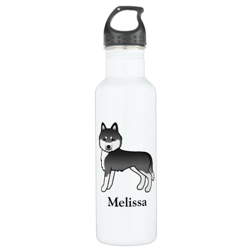 Black And White Siberian Husky Cartoon Dog  Name Stainless Steel Water Bottle