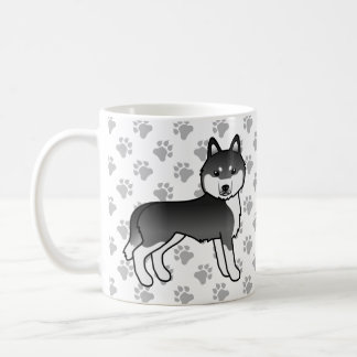 Black And White Siberian Husky Cartoon Dog &amp; Paws Coffee Mug