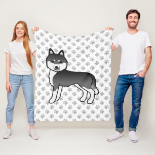 Black And White Siberian Husky Cartoon Dog & Paws Fleece Blanket