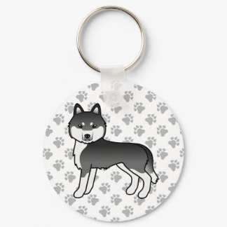 Black And White Siberian Husky Cartoon Dog &amp; Paws Keychain